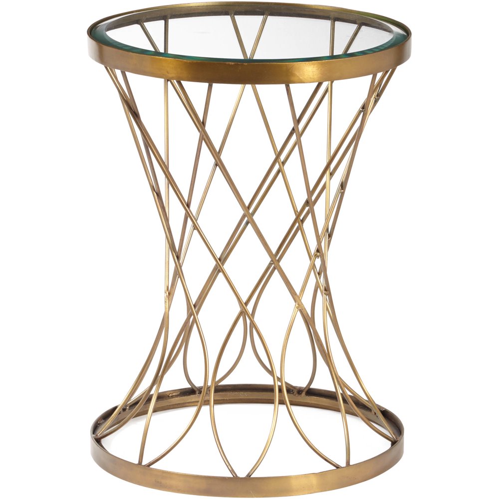 Concave Round Brass Metal Accent Table with Glass Top