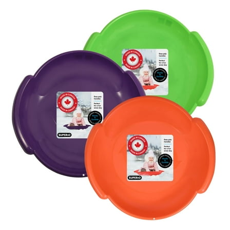 Superio Round Snow Sled, Heavy Duty Plastic Saucer Toddler Sled with Handles 24" Winter Snow Toys Fun for Kids and Adults 3-Pack, Green-Purple-Orange