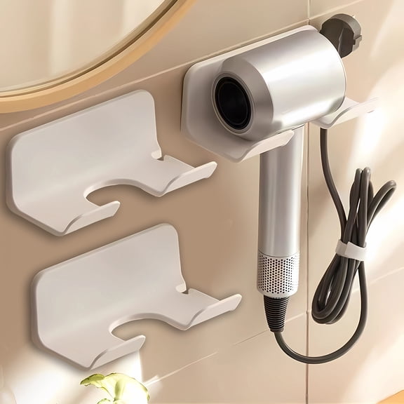 2-Pack Hair Dryer Holder Wall Mount, No Drill Adhesive Blow Dryer Stand with Plug Hook, Minimalist Space Saving Bathroom Organizer & Hair Tool Storage Rack, Universal Fit(White)