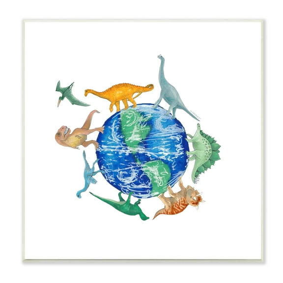 Stupell Industries Various Dinosaurs Circling Planet Earth Globe Illustration Graphic Art Unframed Art Print Wall Art, Design by Dishique