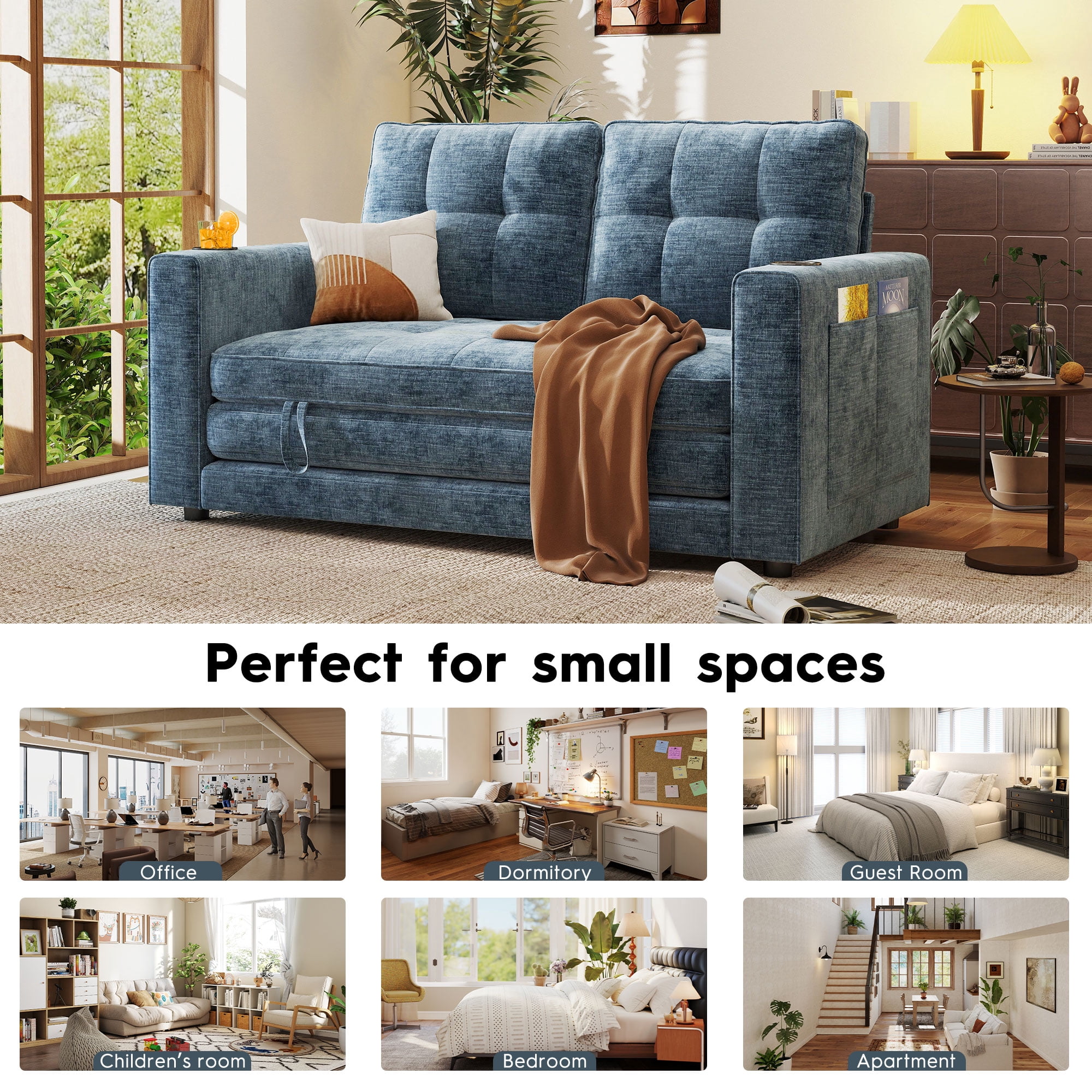 BedLuxury 55" Foldable Loveseat Futon Sofa Bed with Cup Holder & Storage Pocket, Sleeper Couch, Space Saving, Chenille Blue