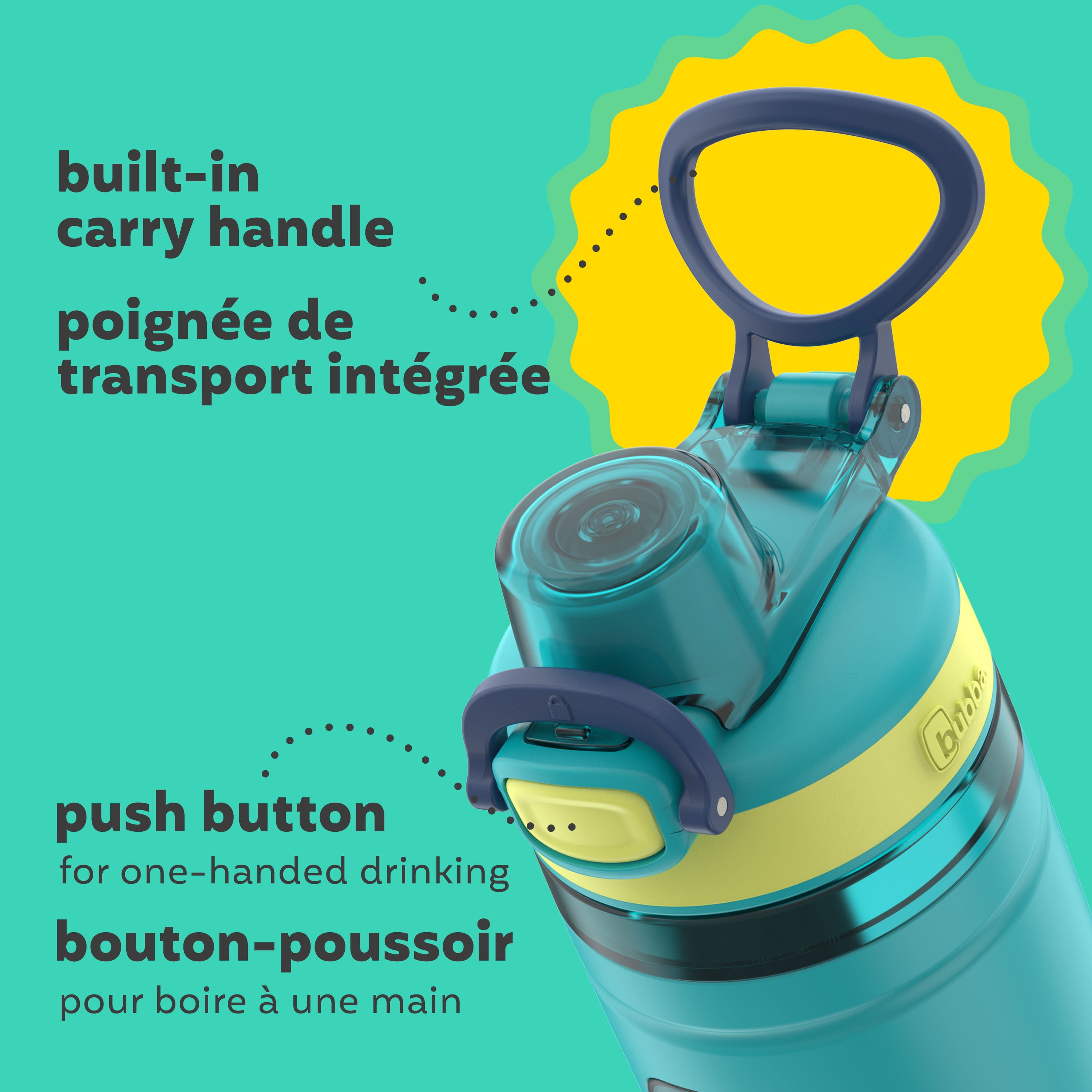 bubba Kids Flo Water Bottle, 16 oz (473 ml), Wide Mouth, Silicone Sleeve, Push Button Lid