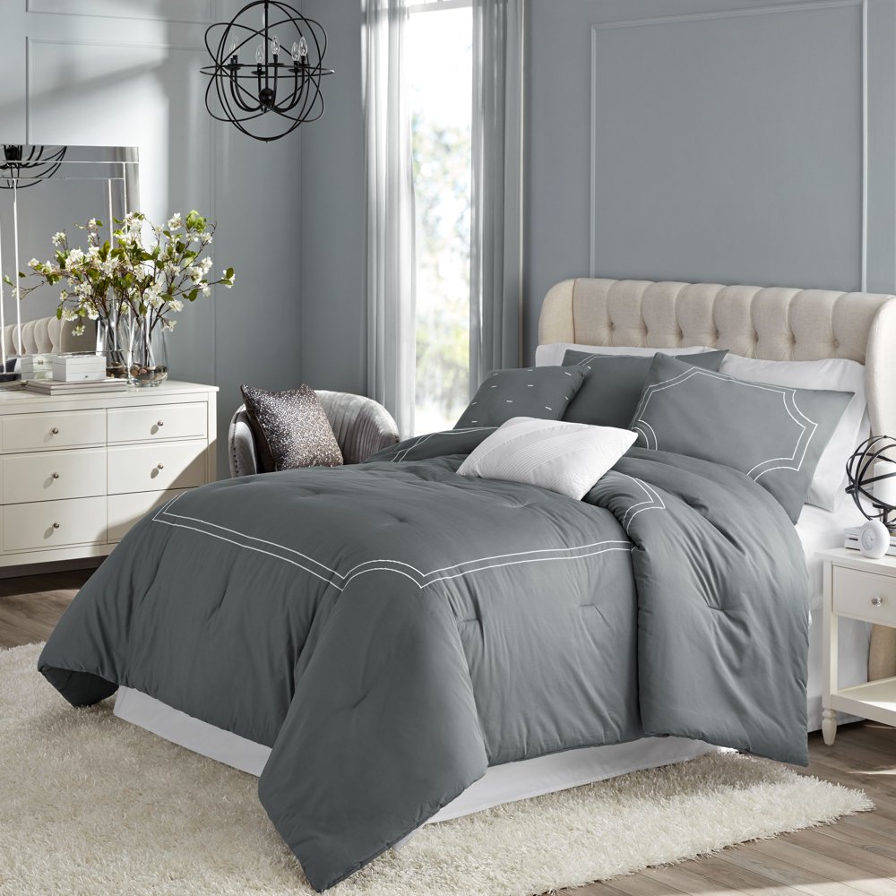 Hotel Style Florence Embroidered Comforter Set, 5 Pieces, Grey, Queen