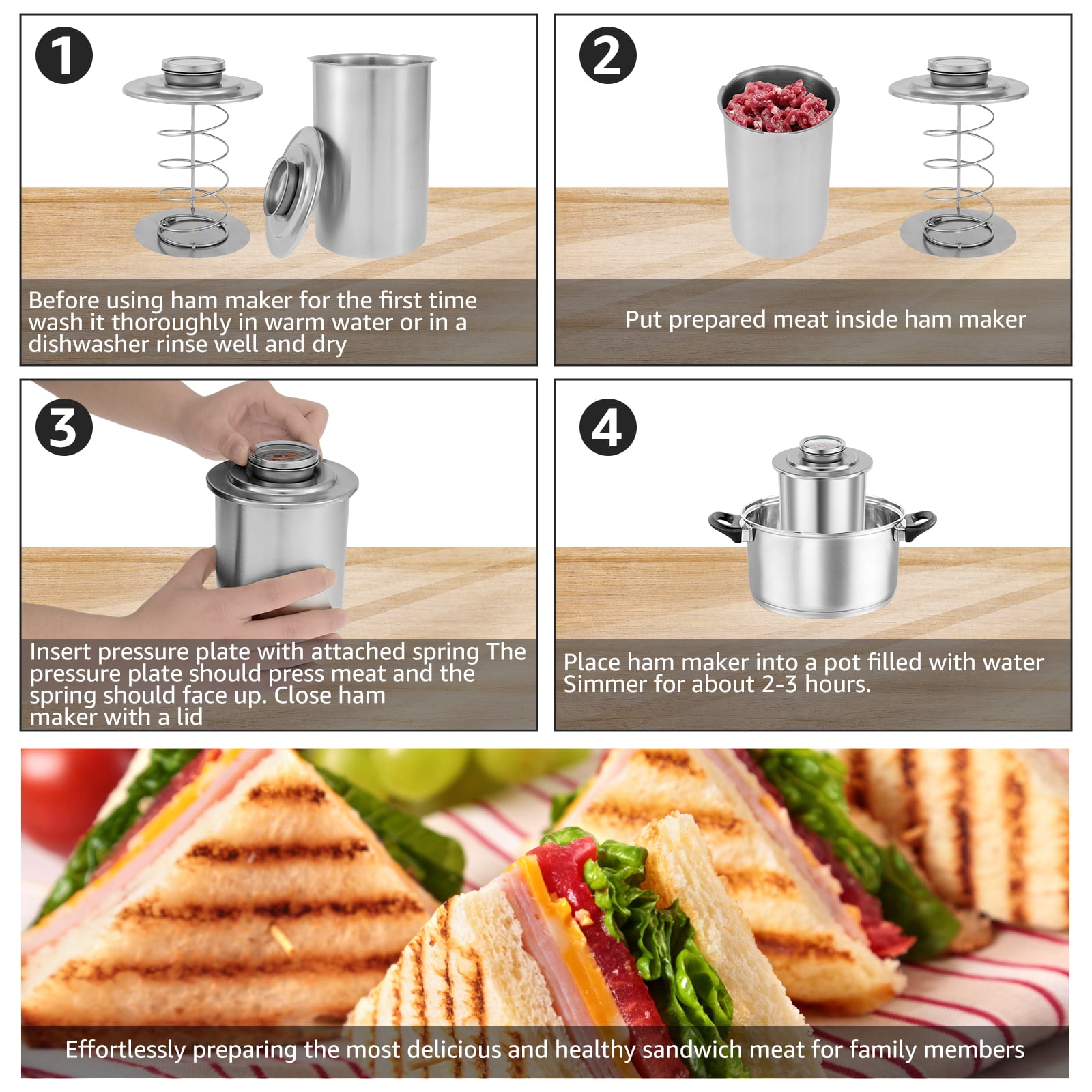 Ikoopy Ham Maker Stainless Steel Meat Press Cooker Large Capacity Ham Press Maker Round Shape Deli Meat Press Mold Healthy Homemade Deli Meat Ham Press Cooker Thermometer for Meat Pork Poultry
