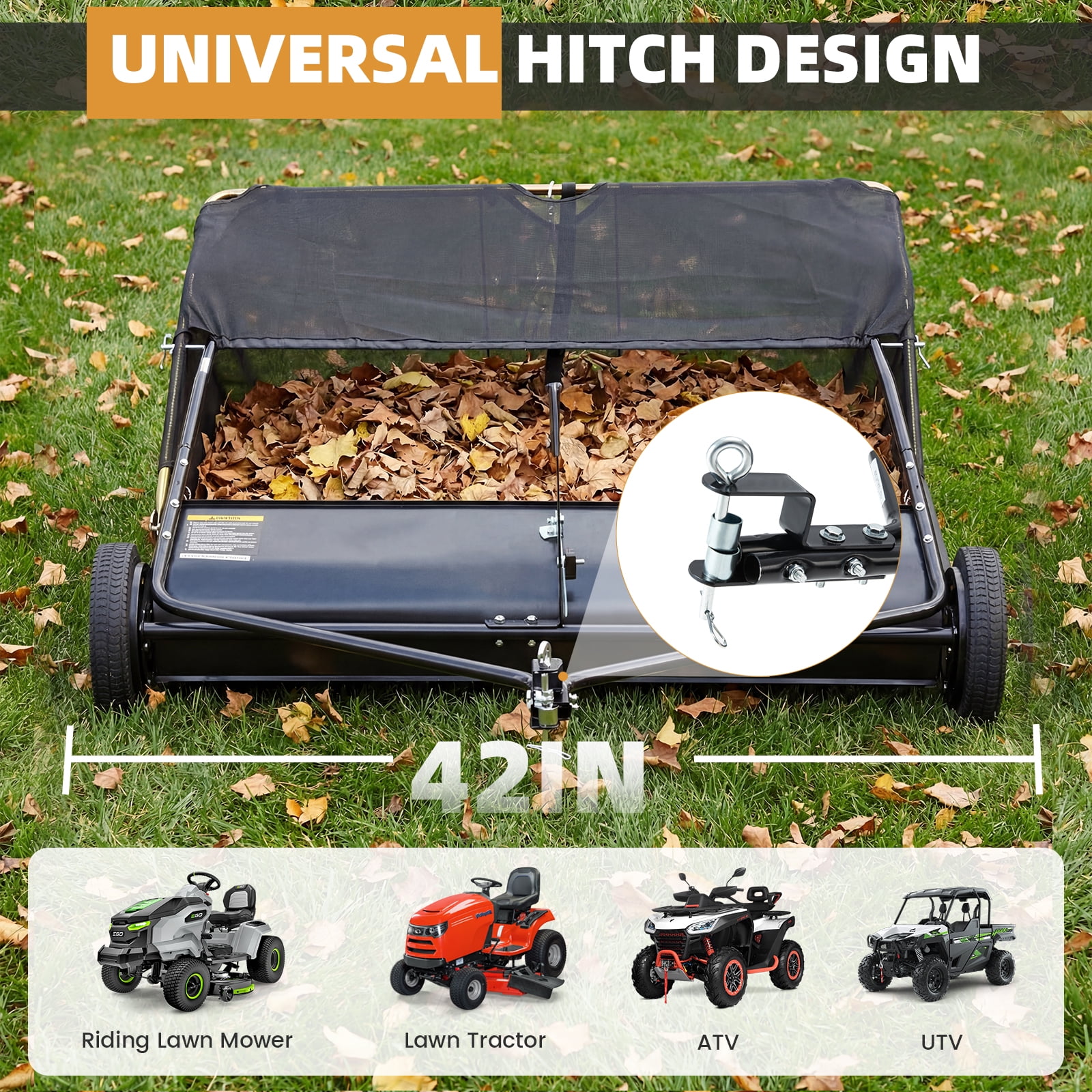 JFHID 42-Inch Tow-Behind Lawn Sweeper with14 Cu.Ft Large Hopper Pull Behind Grass & Leaf Collector for Yard