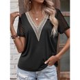 thumbnail image 4 of Blusa de encaje con cuello en V para mujer, color puro, manga corta, ajuste casual, blusa para mujer, citas, trabajo, negro, XL, 4 of 8