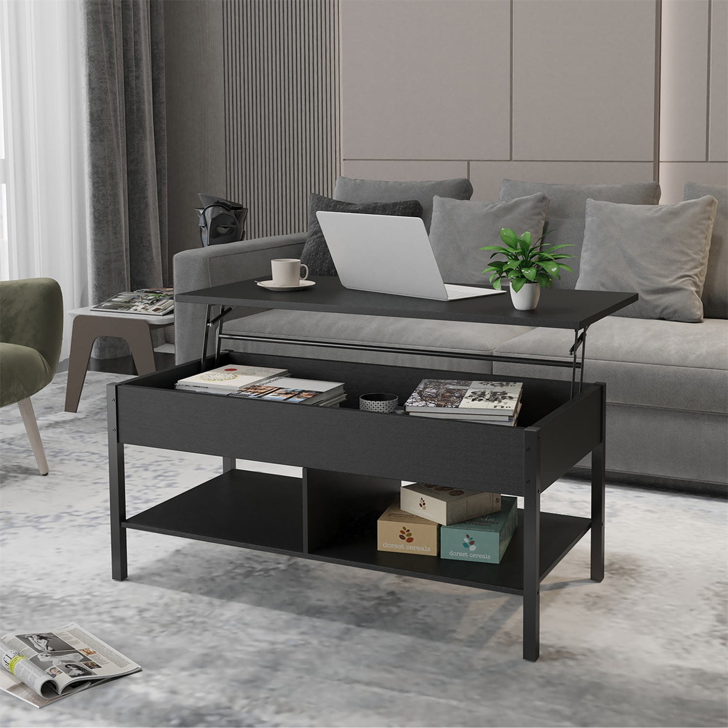 Kadyn Living Room Wood Lift Top Coffee Table, Pop Up Coffee Table with Hidden Compartment and Open Storage Shelf, Living Room Tables with Lift Top and Wooden Legs, Black Kadyn Living Room Wood Lift Top Coffee Table, Pop Up Coffee Table with Hidden Compartment and Open Storage Shelf, Living Room Tables with Lift Top and Wooden Legs, Black