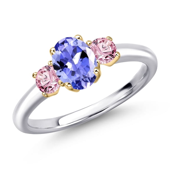 Gem Stone King 925 Silver and 10K Yellow Gold Blue Tanzanite and Pink Lab Grown Diamond Engagement Ring for Women | 1.11 Cttw | Oval 7X5MM | Gemstone December Birthstone | Size 5