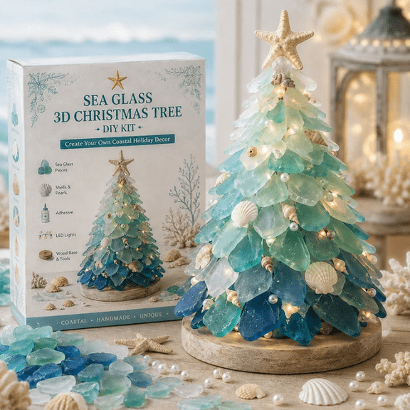 DIY 3D Sea Glass Art Kit – Elegant Handmade Oceanic Ornaments with Natural Shells and Pearl Detail Christmas Tree