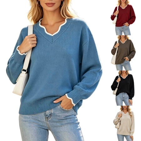 Nmnitkp Women's Sweaters V Neck Scalloped Trim Pullover Sweater Long Sleeve Color Contrast Loose Fit Soft Knit Top for Fall Winter Casual Office Holiday Daily Wear Blue,S