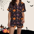 thumbnail image 2 of ZHENHONG Pajamas for Women, Halloween Graphic Printed Satin Cute Sleepwear Buttons Short Sleeve Tops Shorts Sets, Women's Sleepwear Purple, 2 of 5