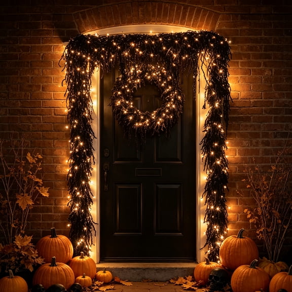 Black Hanging Tassel Halloween Lighted Garland 70.87 Inches Warm White Mini Dot Lights Gothic Indoor Fireplace Mantel Decor for Adult Halloween Spooky Fall Holiday Party Decorations