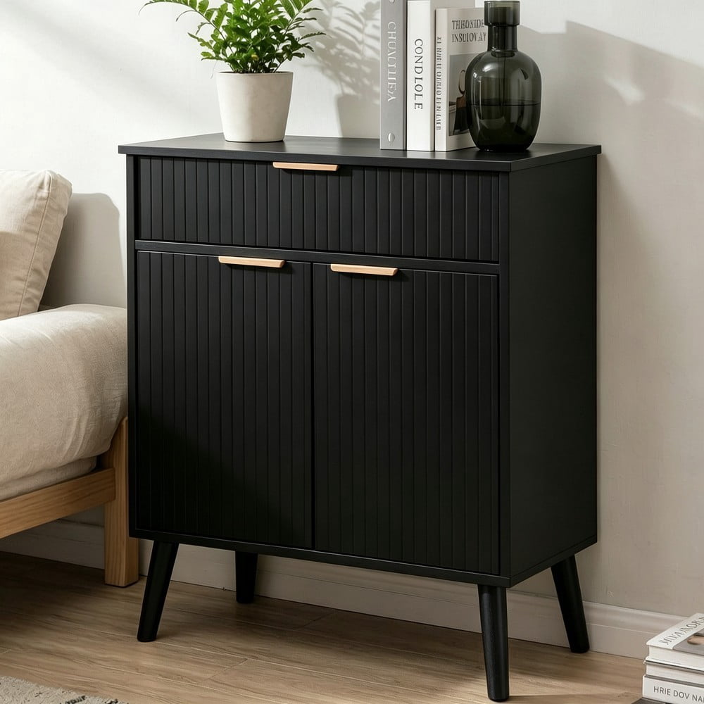 Kitchen Storage Cabinet, Buffet Cabinet with 2 Doors & Drawer, Adjustable Shelves, Wood Sideboard with Solid Wood Legs, Black