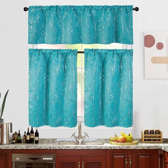 Turquoise 3-Piece Kitchen Curtain, Wave Line Pattern Window Treatment Tiers Kitchen Curtains 36 Inch Length Farmhouse(52X18 26X36 Inch, Turquoise,3 Piece)