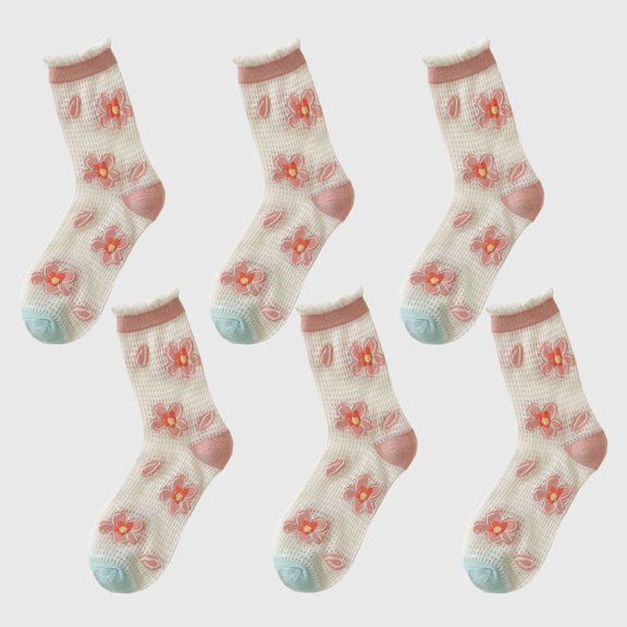 Women's Sheer Floral Embroidered Ankle Socks with Ruffle Cuff 6Pk - Red