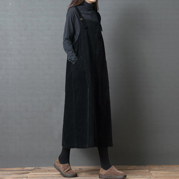 Nueva moda mujer de pana vestido vintage bolsillo correa casual otoño invierno flojo chaleco vestido Tomshoo Negro/M