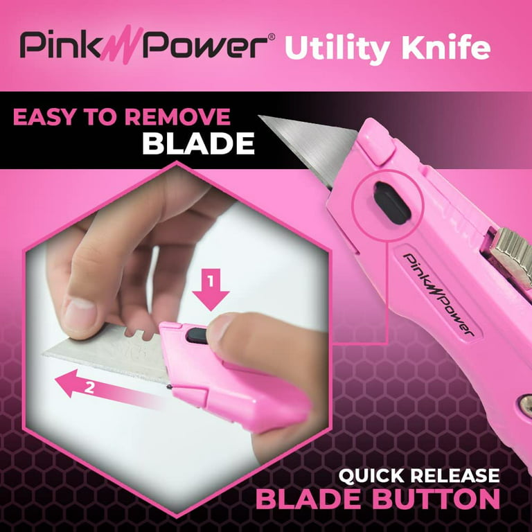 Pink Power 5-Pack Retractable Box Cutter Knife with 3 Utility Knife Blades & Storage Compartment