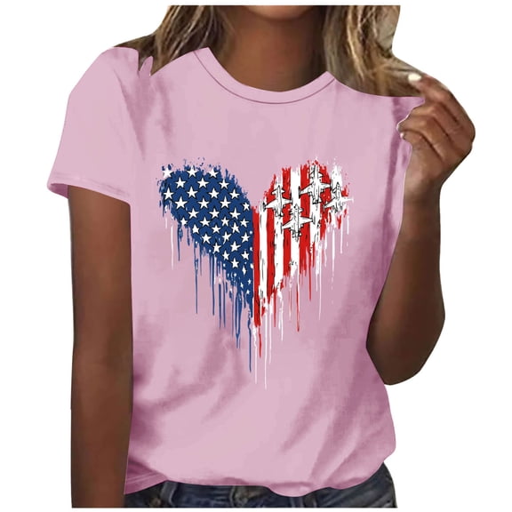 successthop Patriotic Shirts for Women Heart Flags Patriotic T Shirts Holiday Tops Crewneck Short Sleeve Outfits Pink