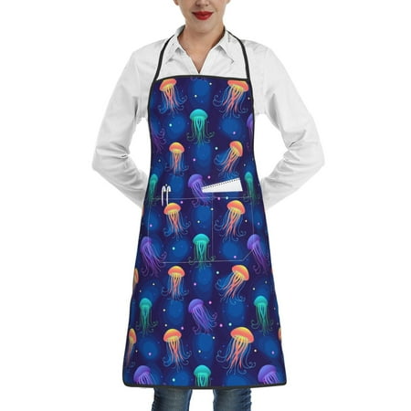 

Easygdp Jellyfish colorful Apron Waterdrop Resistant with 2 Pockets Oil Resistant Cooking Kitchen Chef Apron for Women Men