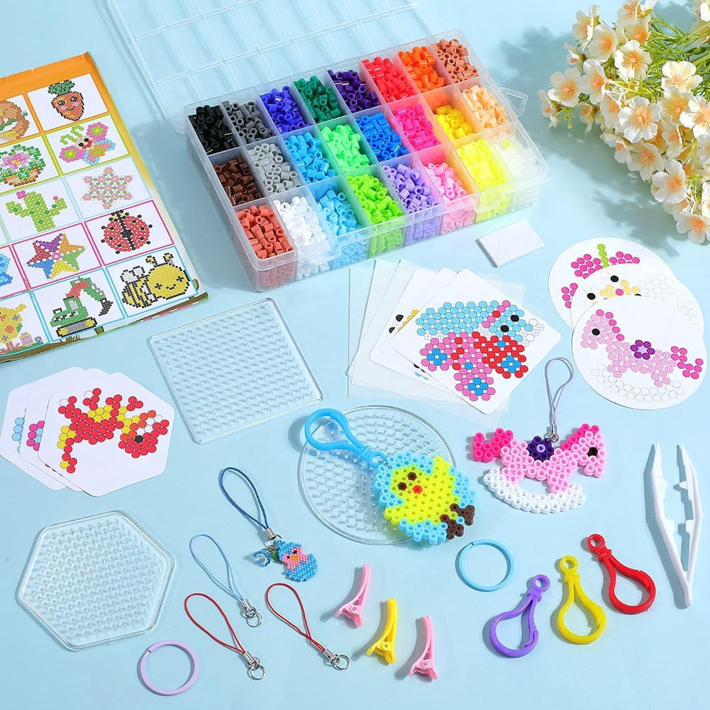 1 Box 24 Colors 4300Pcs Beads Kit 5mm Melting Beads with Pegboards Ironing Paper Chain Accessories 1000Pcs Black and White Beads Refills for DIY Crafts Christmas Birthday Gifts DIY