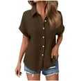 thumbnail image 4 of Fglymey Womens Casual V Neck Button Down Shirts for Women Solid Short Sleeve Blouse Tops Brown S, 4 of 7