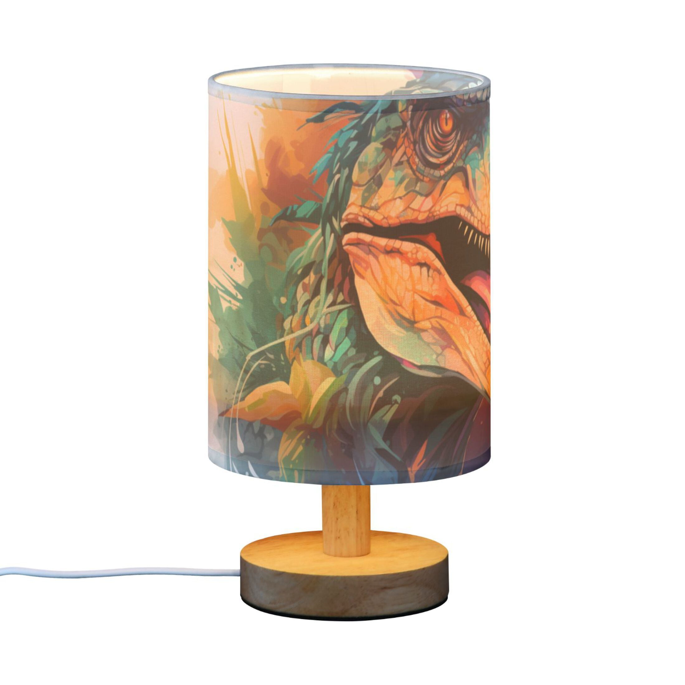 Dinosaur Colorful Table Lamp USB Bedside Desk Nightstand Lamp Printed Gifts Small Lamp Wood Base for Bedroom Living Room Kids Room College Dorm