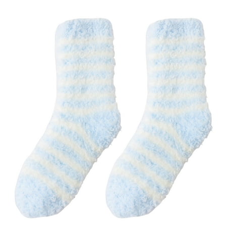 

1 Pair Floor Socks Striped Fuzzy Stretchy Soft Mid-calf Cold Resistant Comfortable Winter Thermal Women Indoor Home Slipper Sleeping Socks for Daily Wear Light Blue