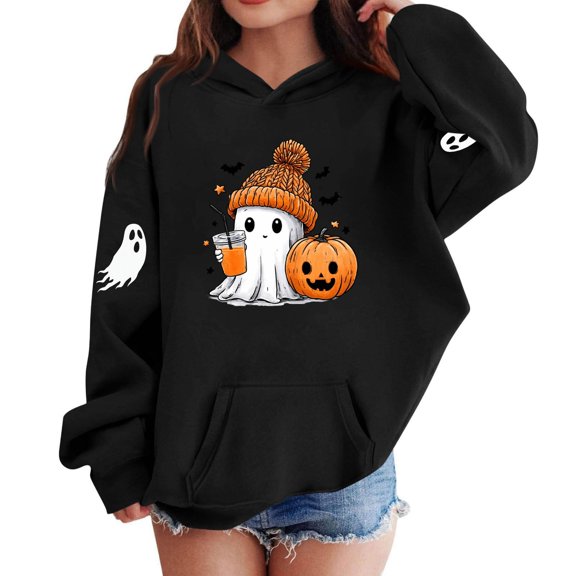 Qingpeng Boys Girls Cute Ghost Graphic Hoodie Long Sleeve Pullover Sweatshirt with Kangaroo Pocket