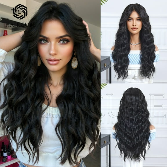 Women's  Natural black wavy wig headband, 24 inches