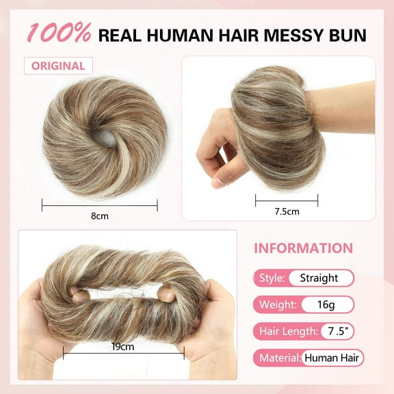 WEIF-Human Hair Bun Medium Brown Highlighted Bleach Blonde Natural Curly Tousled Elegant Chignon with Elastic Rubber Band(1 Count #P4-613 Medium Brown Highlighted Bleach Blonde