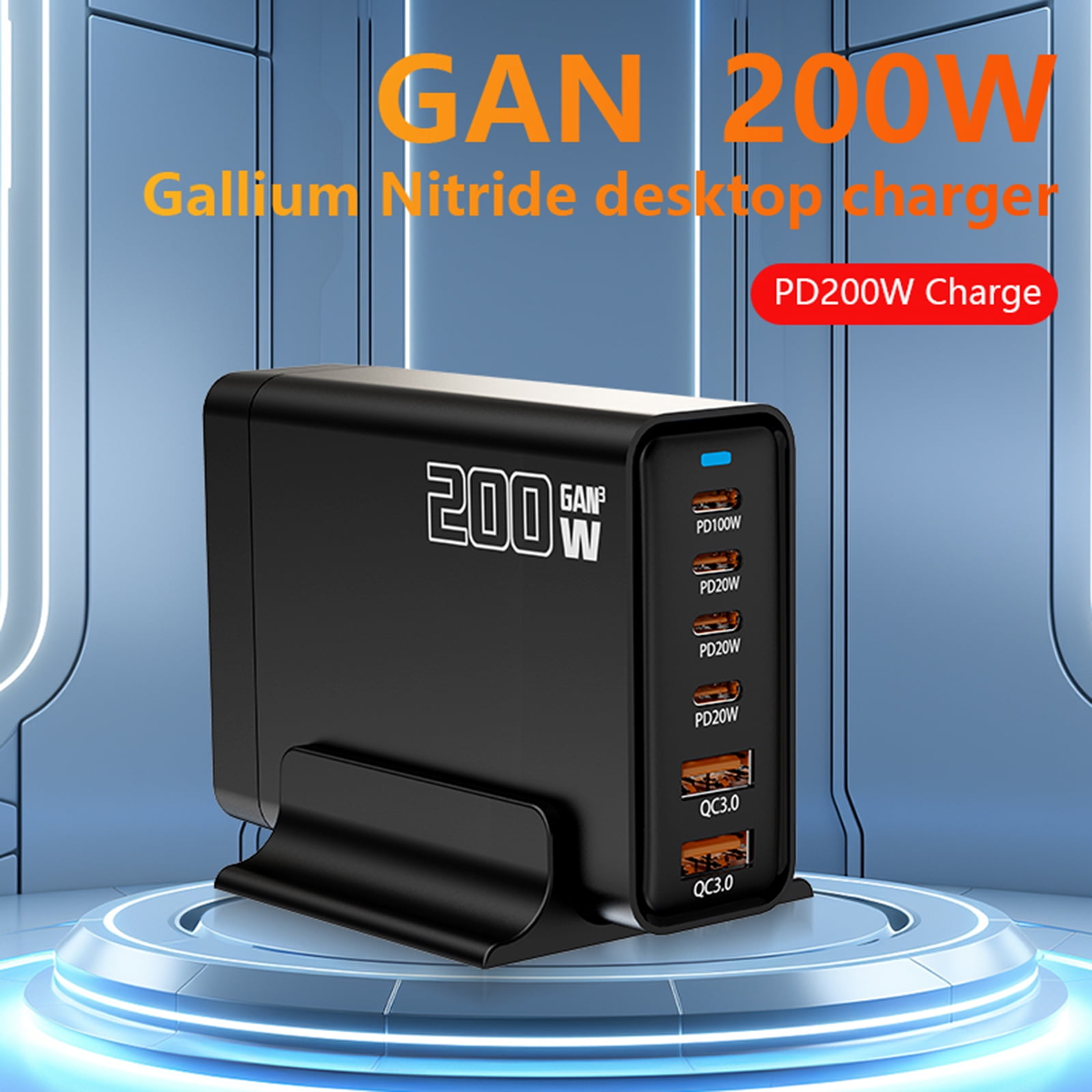 200W GaN 6-Port USB C Charging Station Hub with Holder, Fast Charger Block for MacBook Pro/Air, Dell, iPad, iPhone, Samsung Galaxy