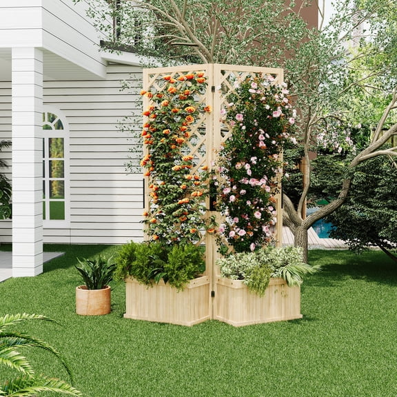 Studyset Outdoor Privacy Screen,Cedar Privacy Screen with Planter Box - 2-Panel Freestanding Garden Fence,41"x10"x65" Tall Outdoor Divider with Drain Holes & Raised Bed,Wood Fence Panel for Backyard