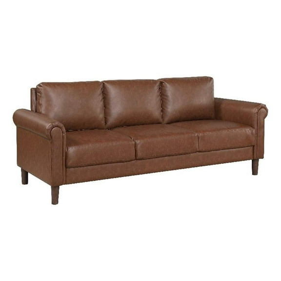 Lo Sofa w Rolled Arms- Mid Century Dark Brown Faux Leather 79 Inch