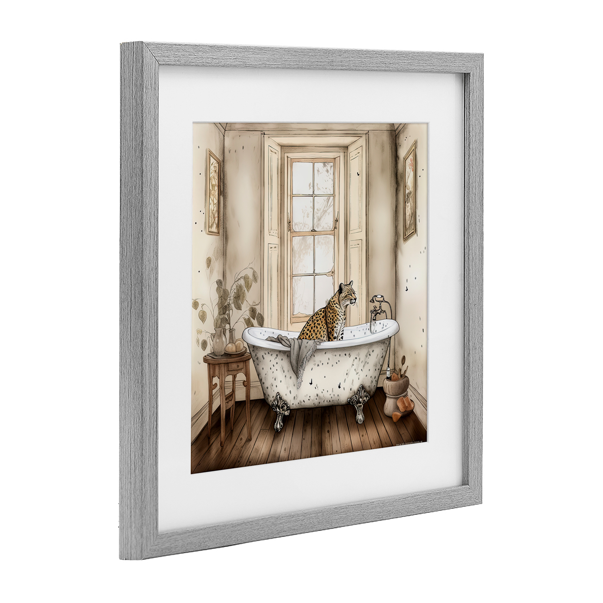 Neutral Leopard Bathtime Gray Framed Print Under Glass, design by Sasha