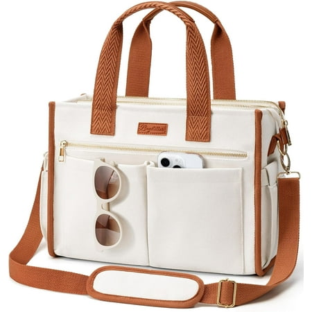 Canvas Tote Bag for Women, 15-Pocket Large Crossbody Handbag Laptop Bag Zipper Bookbag for Teacher Work Travel College