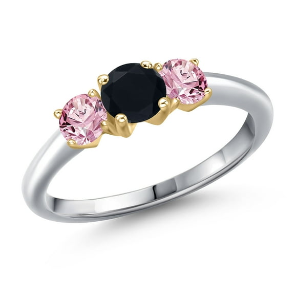 Gem Stone King 10K Two Tone Gold Black Onyx and Pink Lab Grown Diamond Engagement Ring for Women | 0.98 Cttw | Round 5MM | Gemstone December Birthstone | Size 6
