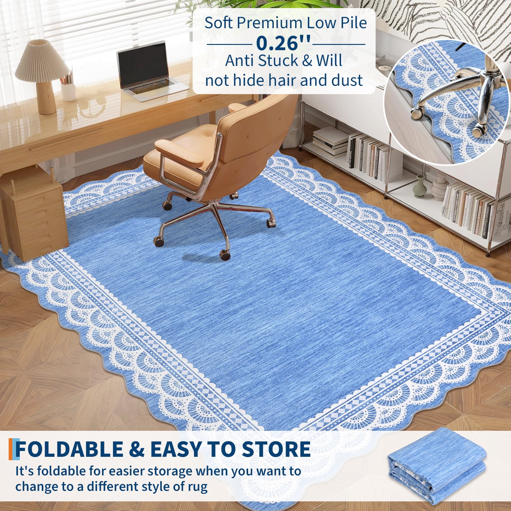Garvee 8'x10' Scalloped Area Rug Modern Lace Edge Carpet, Washable Solid Rug Non-Slip Low Pile Indoor Mats for Living Room Bedroom Home Decor, Blue