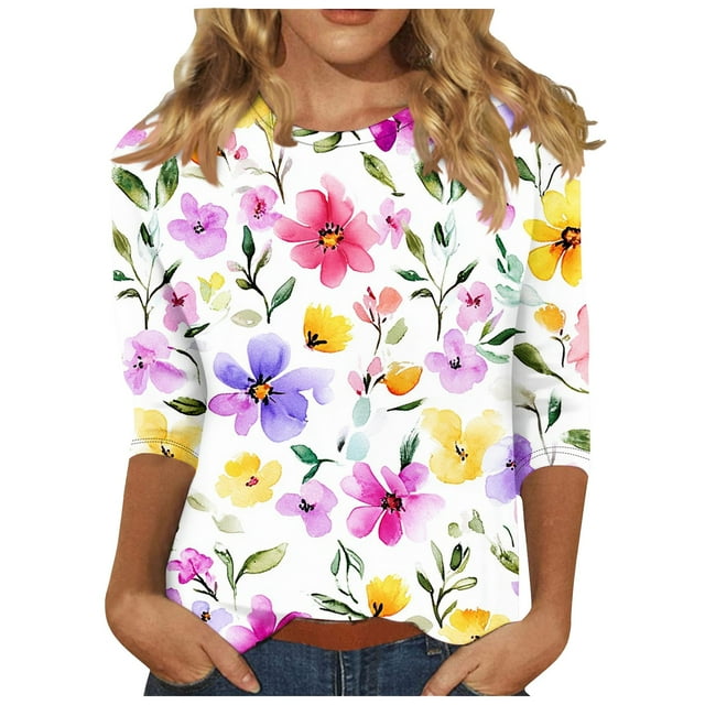 QTOCIO 3/4 Hauts à Manches pour Femmes, Hauts d'Été à Manches 3/4 pour Femmes, Robe Élégante à Manches Courtes Patchwork