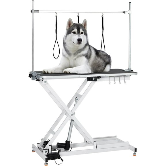 Electric Lift Dog Grooming Table, Heavy Duty Electric Grooming Arm Table for Pets & Large Dogs Adjustable Height: 9.4"-39.4" Non-slip Desktop with Gantry Crane Set, Fixture *4 Noose*2 (White)
