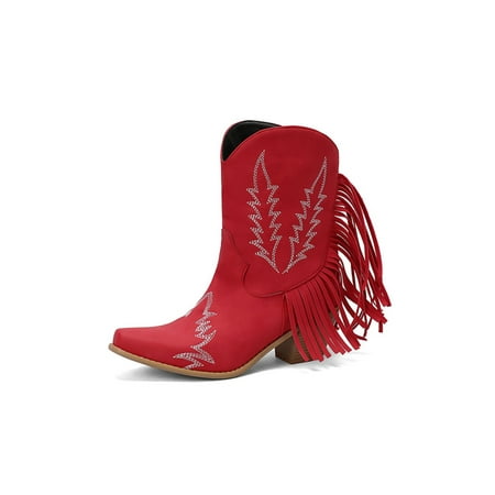 

Ferndule Ladies Tassel Bootie Party Non-slip High Calf Cowboy Boots Fashion Pointed Toe Fringe Boot Red 5