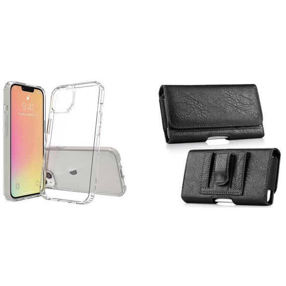 Bemz Case and Pouch Bundle for iPhone 14 Pro Max: Fusion Protector Slim Case (Transparent Clear) and Coin Card Wallet Belt Holster
