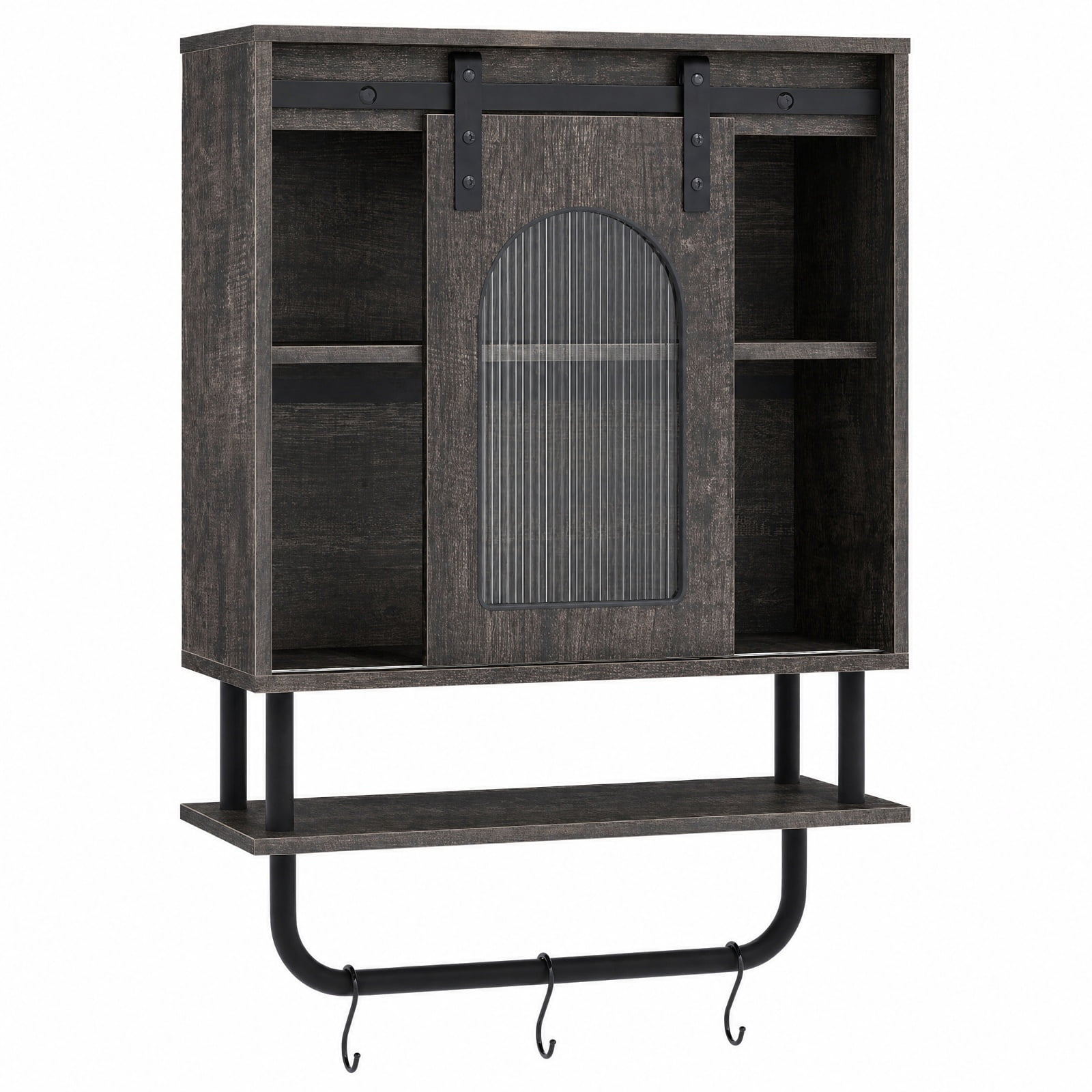 Vebreda Bathroom Wall Cabinet with Sliding Barn Door and Metal Hanging Bar with 3 Hooks, Stylish Farmhouse/Industrial Charm, Secure Wall Mounting