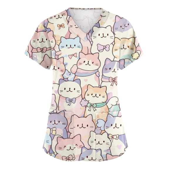 Kixjoy Scrubs for Women Tops Oversized Casual Animal Printed Nurse Scrubs V Neck Stretchy Short Sleeve Shirt Lightweight Medical Womens Uniform Tops with Pockets, Beige 3XL