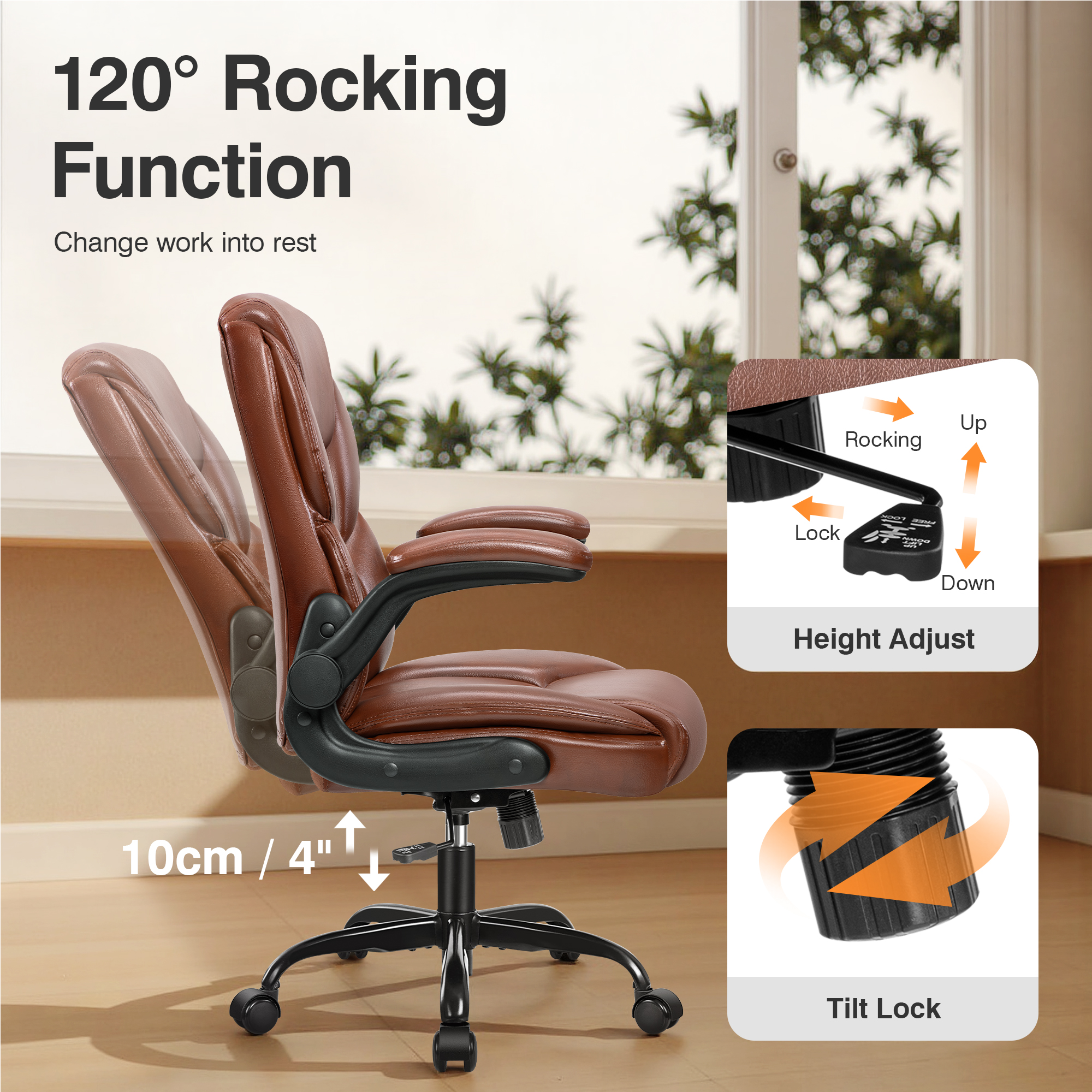 Primy Compact PU Leather Office Chair - Ergonomic Adjustable Height Computer Desk Chair with Flip-Up Armrests, Mid-Back Executive Swivel Chair on Wheels for Small Spaces & Petite Users, Brown