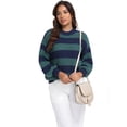 thumbnail image 3 of Asklazy Women’s Relaxed Fit Soft Knit Fabric Sweater Long Sleeve Pullover Crew Neck Casual Winter Top,US Size,Green Strip,2XL, 3 of 9