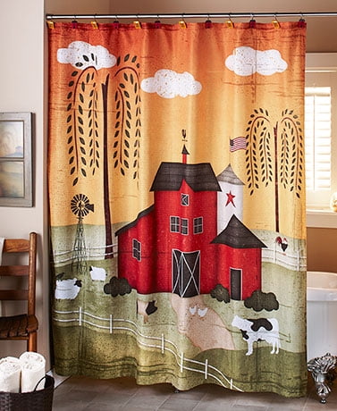 Country Barnyard Shower Curtain Farmhouse Primitive Willow Tree Curtain & Hooks 