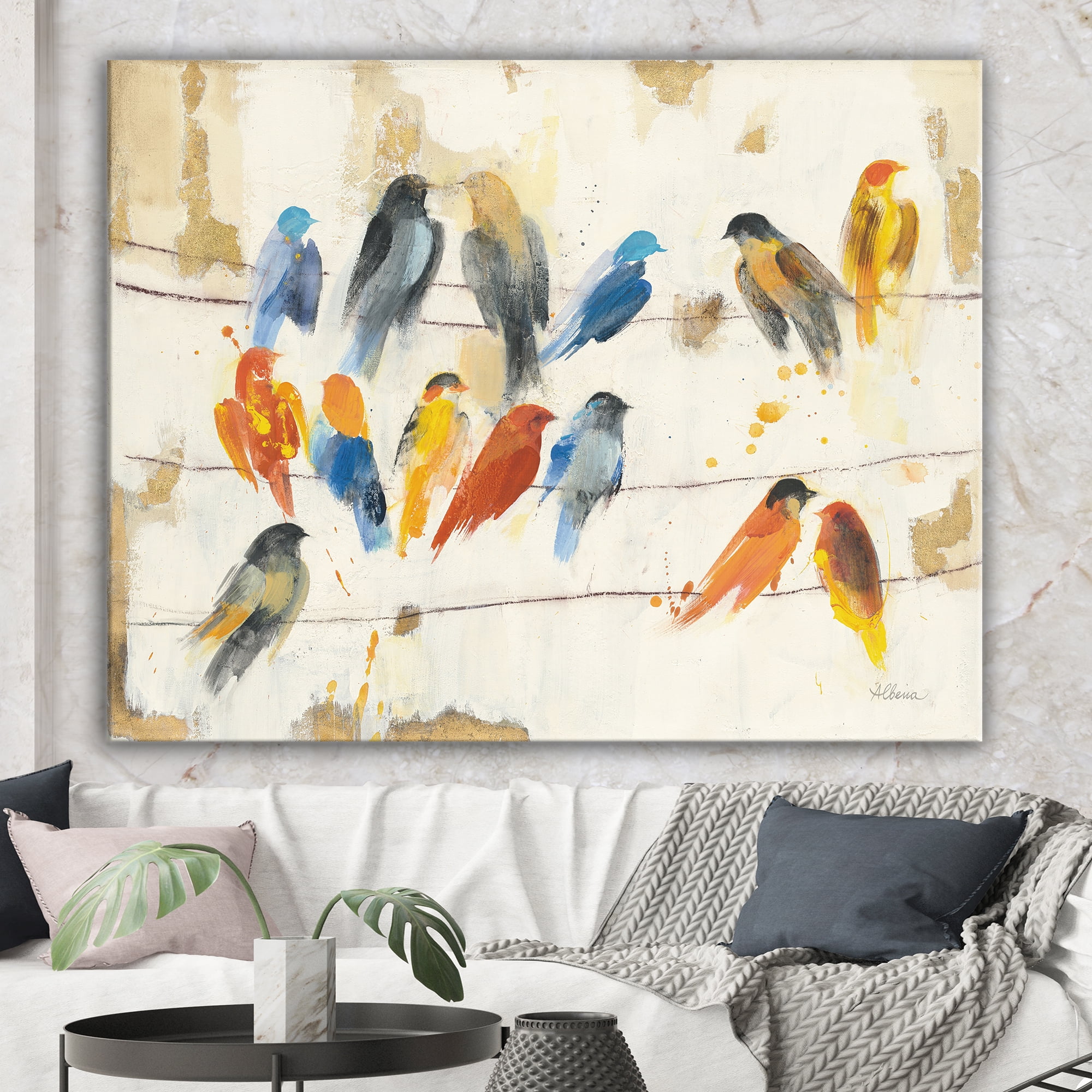 Designart 'Multicolor Bird Meeting' Traditional Animal Premium Canvas Wall Art
