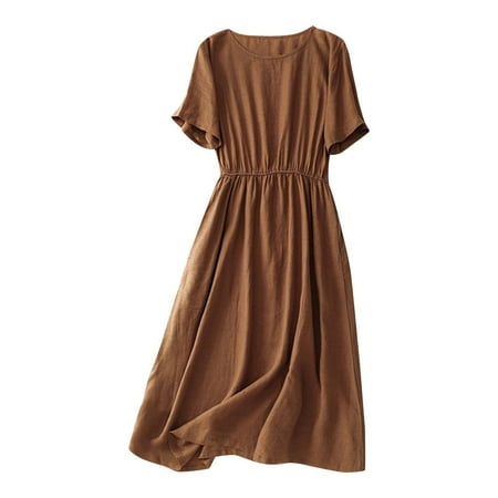SMihono Summer Women Cotton Linen Dresses Vintage Short Sleeve Casual Loose Back Pleated Lightweight Midi Long Dress with Pockets Coffee M