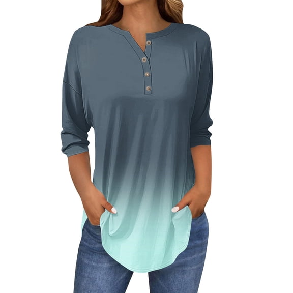 Womens Tops 3/4 Length Sleeve Tops Neck Casual Print Tunic T Shirts Three Quarter Length Tops Blouses For Women