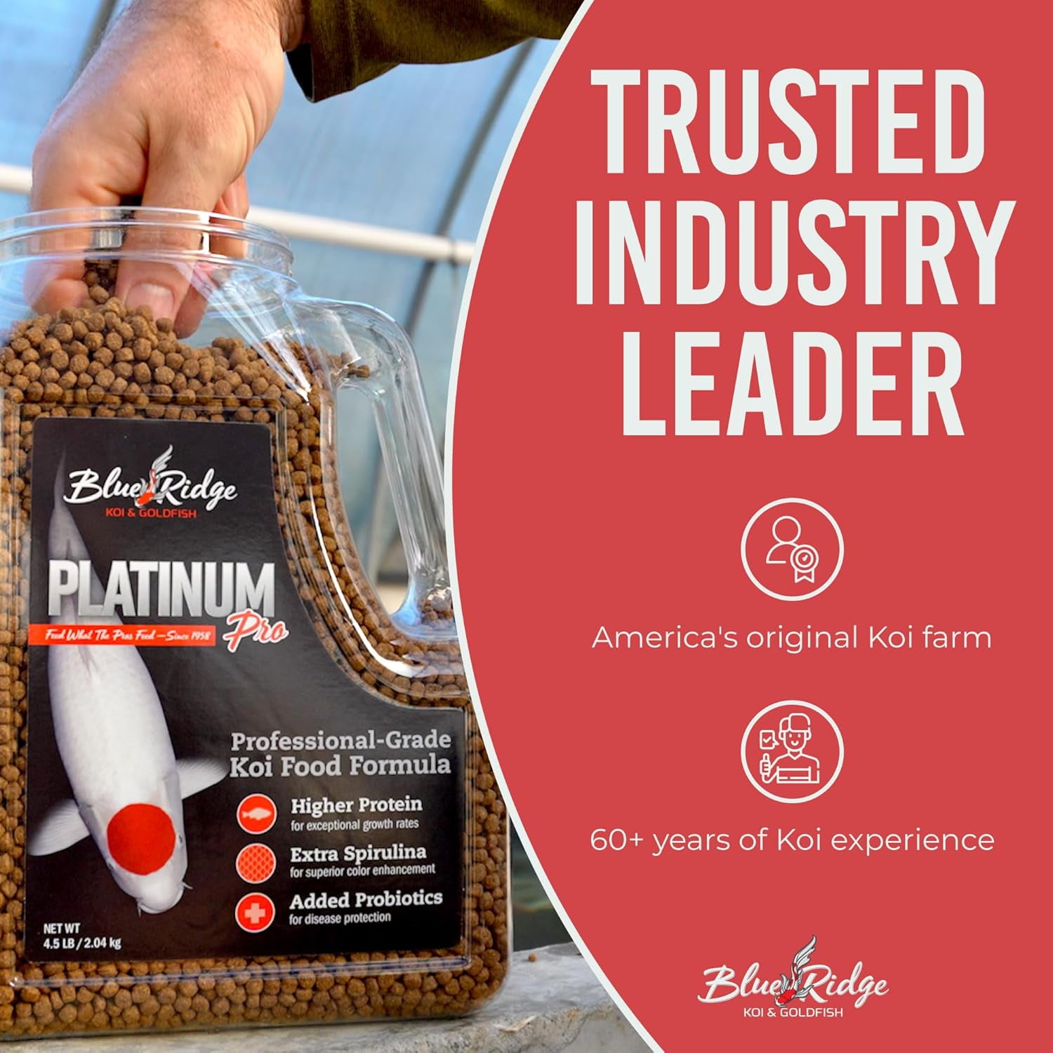 Blue Ridge Koi Fish Food 4.5lb - Koi Food 3/16” Platinum Pro Formula Goldfish Food, Premium Fish Food for Ponds, Floating Pond Pellets Fish Food
